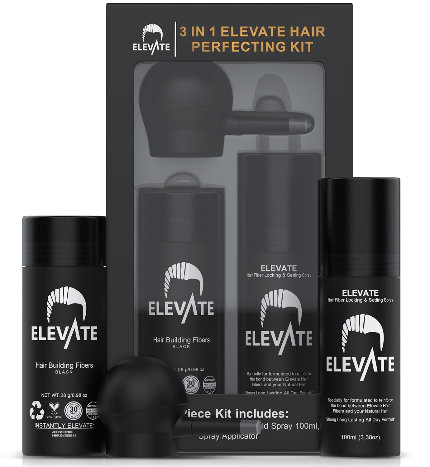 Hair Perfecting 3-In-1 Kit Set Includes Natural Hair Thickening Fibers & Spray Applicator Pump Nozzle & Locking Setting Hold Spray | Instantly Conceal Balding and Thinning Areas (Black)
