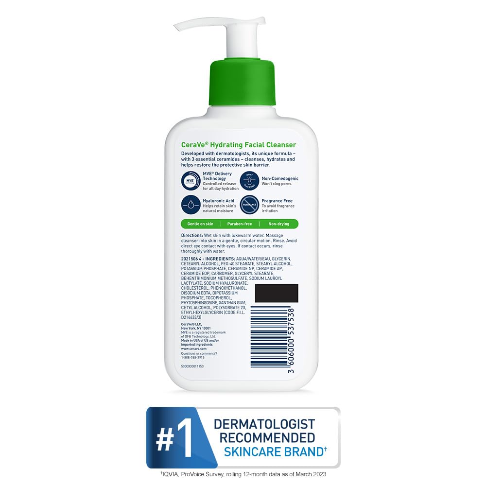Hydrating Facial Cleanser, Moisturizing Face Wash for Dry Skin, Hyaluronic Acid + Ceramides + Glycerin, Hydrating Cleanser for Normal to Dry Skin, National Eczema Association Certified