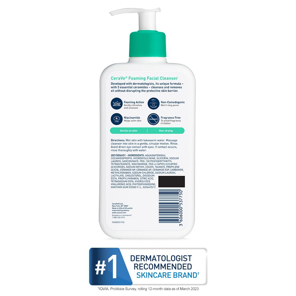 Foaming Facial Cleanser, Daily Face Wash for Oily Skin with Hyaluronic Acid, Ceramides, and Niacinamide, Fragrance Free Paraben Free, 12 Fluid Ounce