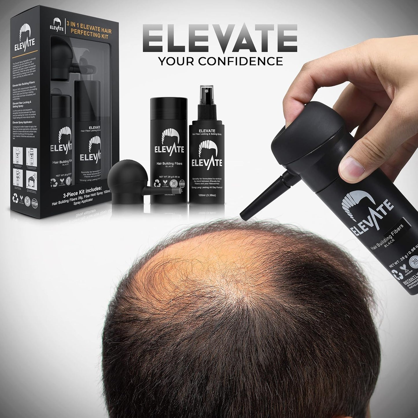 Hair Perfecting 3-In-1 Kit Set Includes Natural Hair Thickening Fibers & Spray Applicator Pump Nozzle & Locking Setting Hold Spray | Instantly Conceal Balding and Thinning Areas (Black)