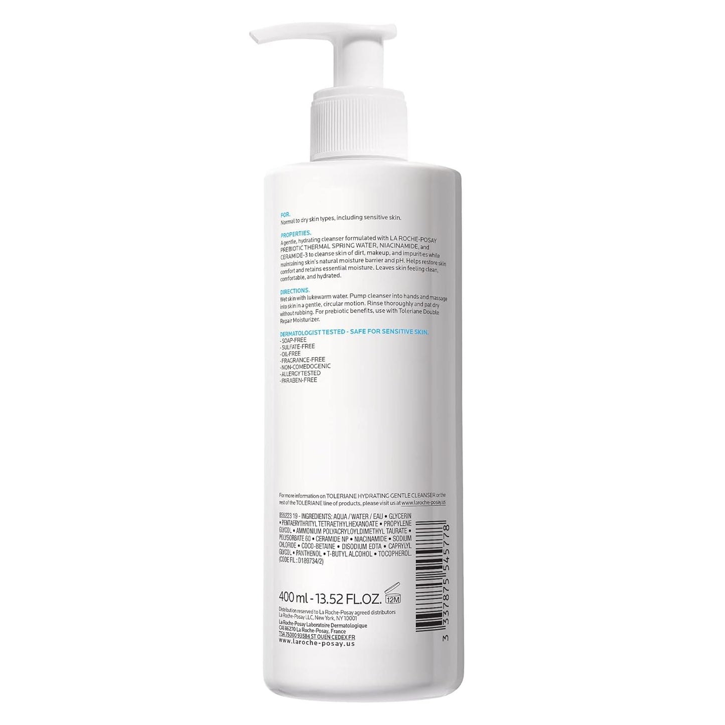 Toleriane Hydrating Gentle Face Cleanser, Hydrating Facial Cleanser with Niacinamide + Ceramides, Daily Face Wash for Dry Skin to Normal Skin, Sensitive Skin Tested, Fragrance Free