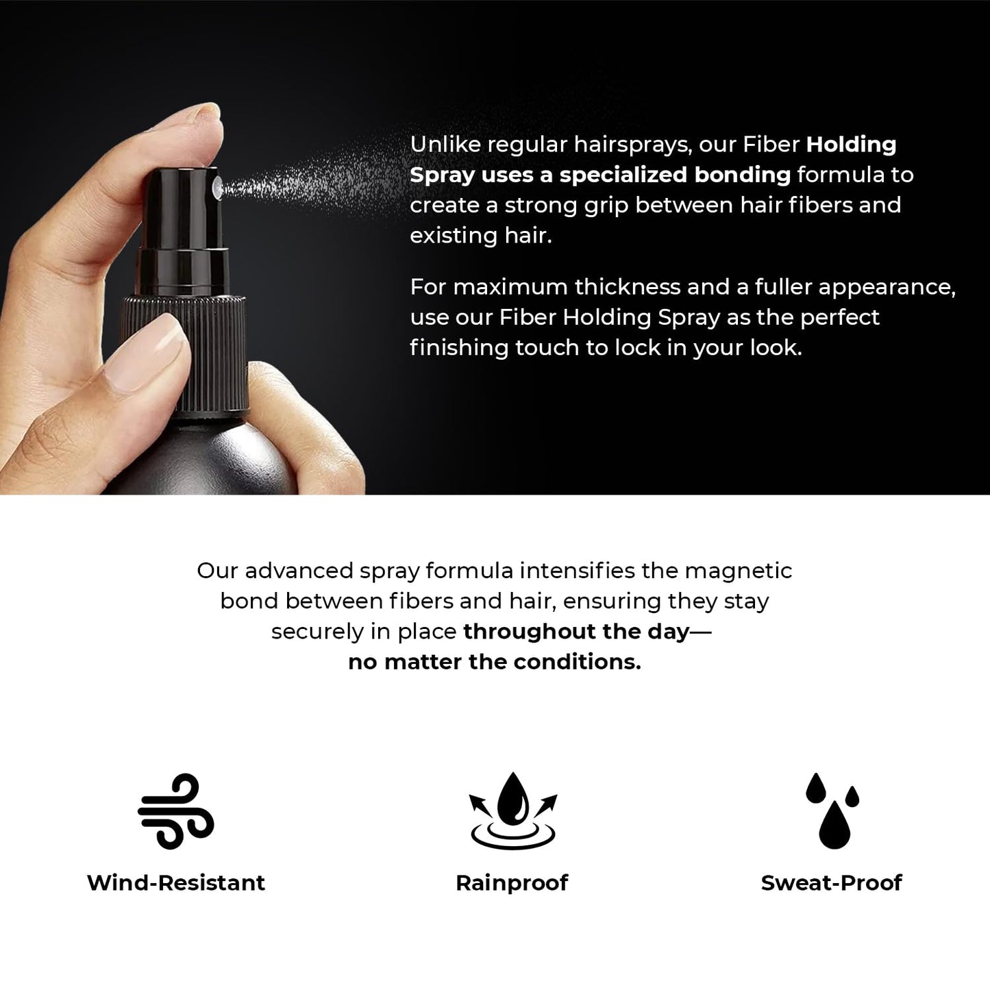 Fiber Holding Spray for Hair – Wind & Water Resistant, Strong Bond for Hair Fibers – Quick-Dry, Flake-Free, Sweatproof, Humidity Control – Locks in Look for Bald Spots, Thinning Hair & Beards – 4 Oz.