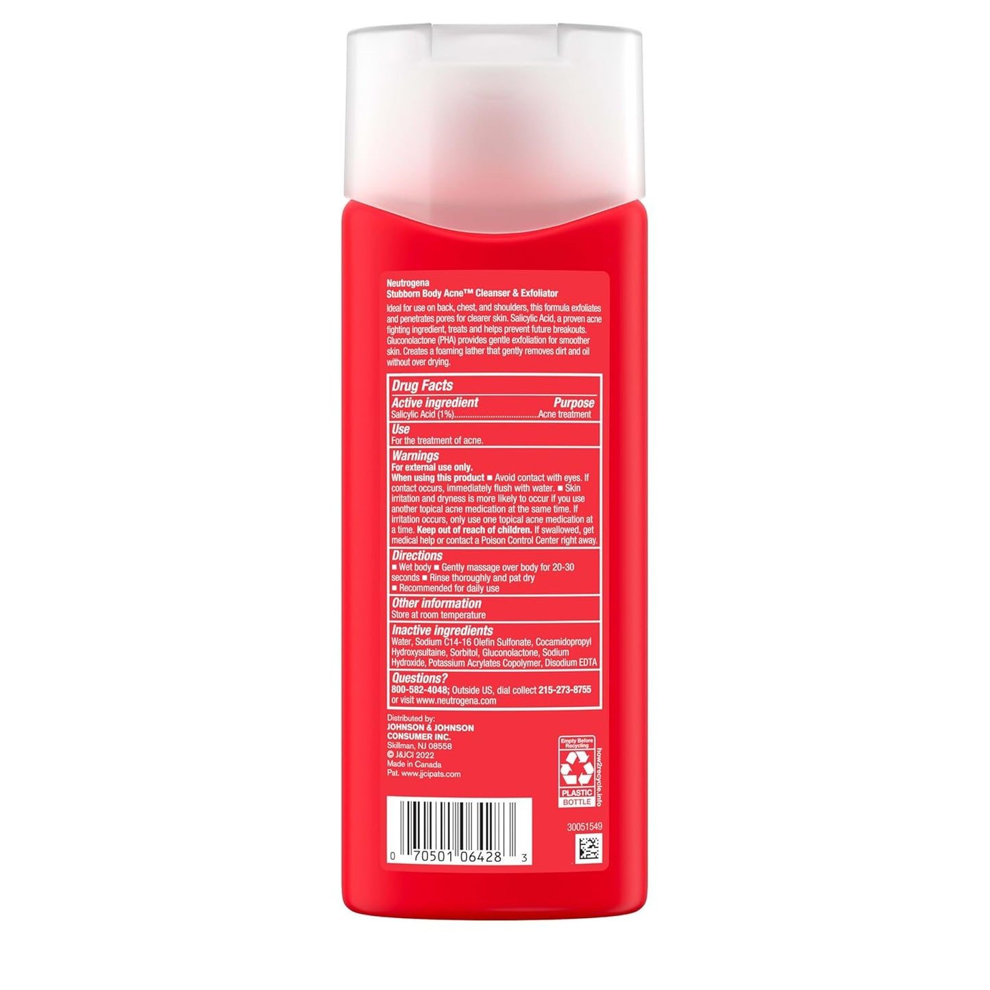 Salicylic Acid & PHA Stubborn Acne Body Wash, Exfoliating Cleanser Acne Treatment for Chest & Shoulder, Gently Clears, Exfoliates & Helps Prevent Breakouts, Fragrance Free, 8.5 Fl Oz