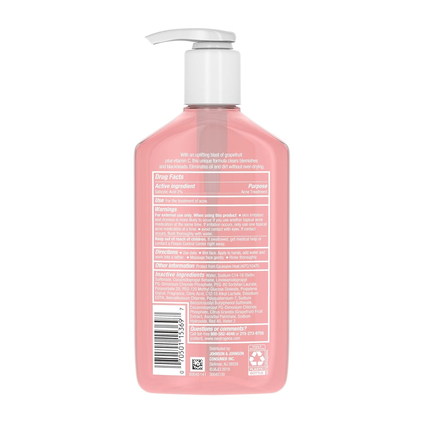 Oil-Free Salicylic Acid Pink Grapefruit Pore Cleansing Acne Wash and Facial Cleanser with Vitamin C, 9.1 Fl. Oz