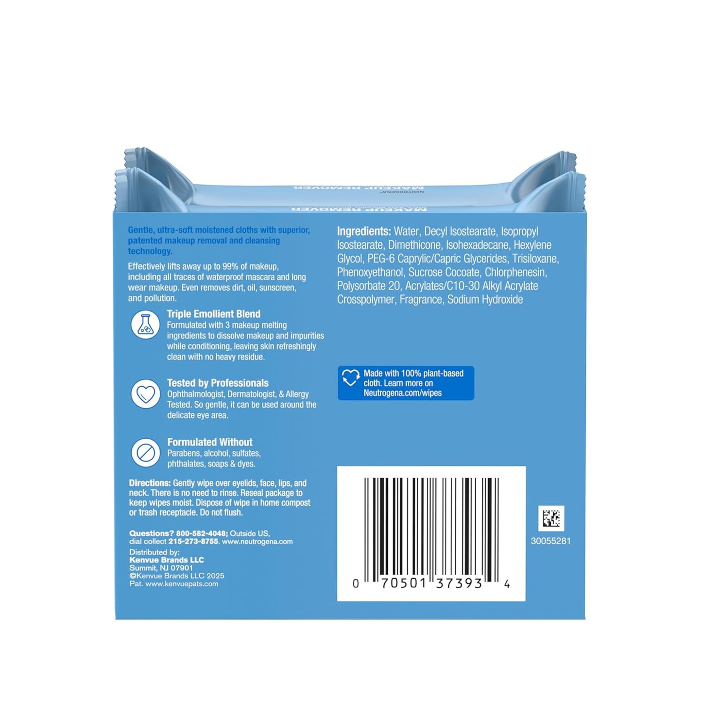 Makeup Remover Wipes Micellar Alcohol-Free Face Towelettes Remove Waterproof Mascara & Oil, Compostable 100% Plant-Based Cloth, Dermatologist & Ophthalmologist Tested, Twin Pack 2 X 25 Ct