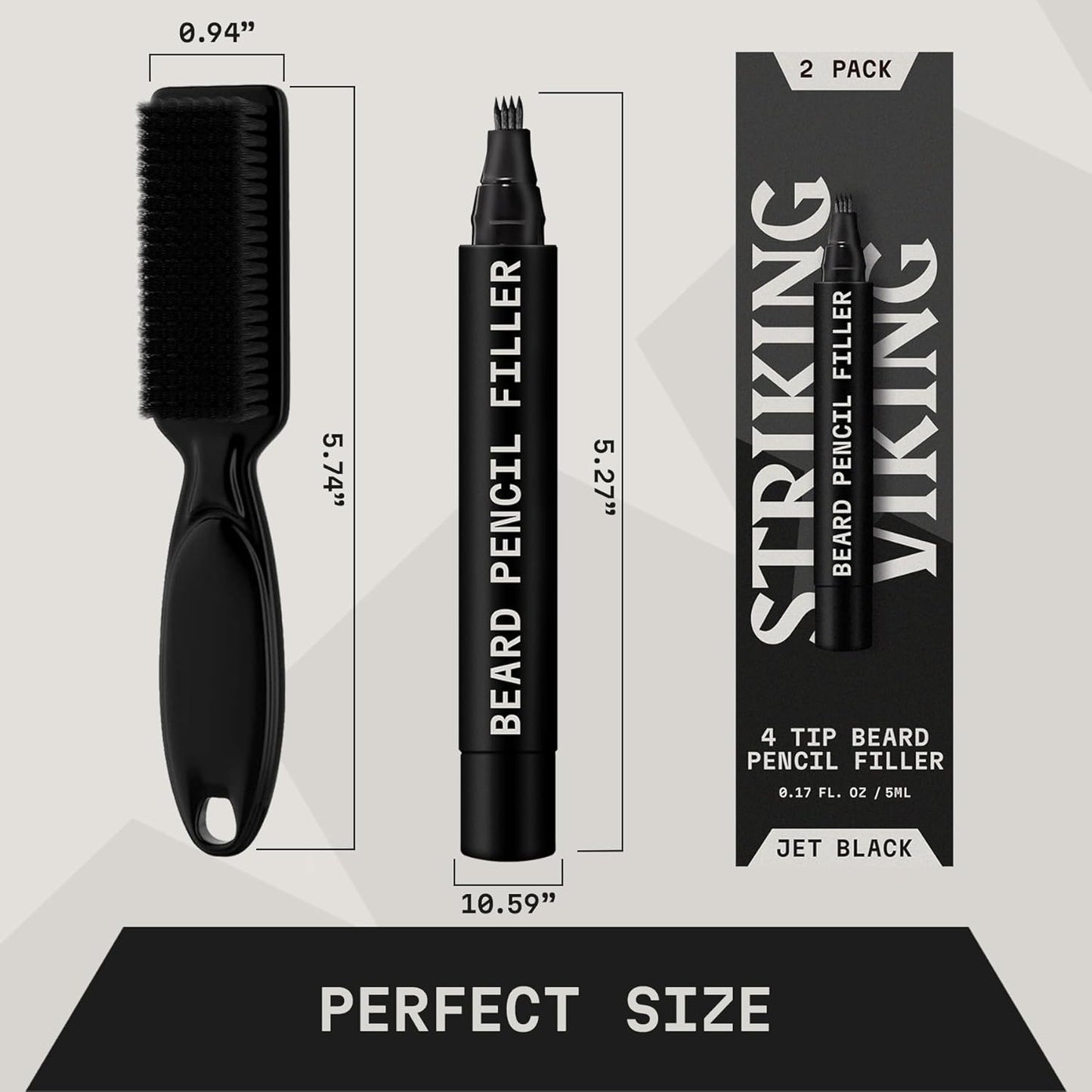 2 Pack Beard Pencil Filler for Men with 4 Tips (Jet Black) - Fill, Shape & Define with This Long-Lasting, Waterproof Beard Pen Kit Including Brush