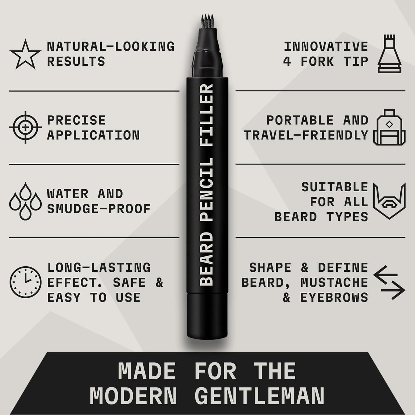 2 Pack Beard Pencil Filler for Men with 4 Tips (Jet Black) - Fill, Shape & Define with This Long-Lasting, Waterproof Beard Pen Kit Including Brush