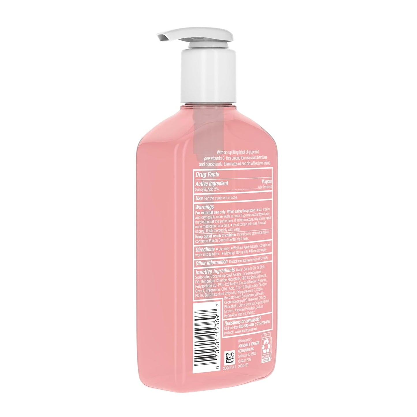 Oil-Free Salicylic Acid Pink Grapefruit Pore Cleansing Acne Wash and Facial Cleanser with Vitamin C, 9.1 Fl. Oz
