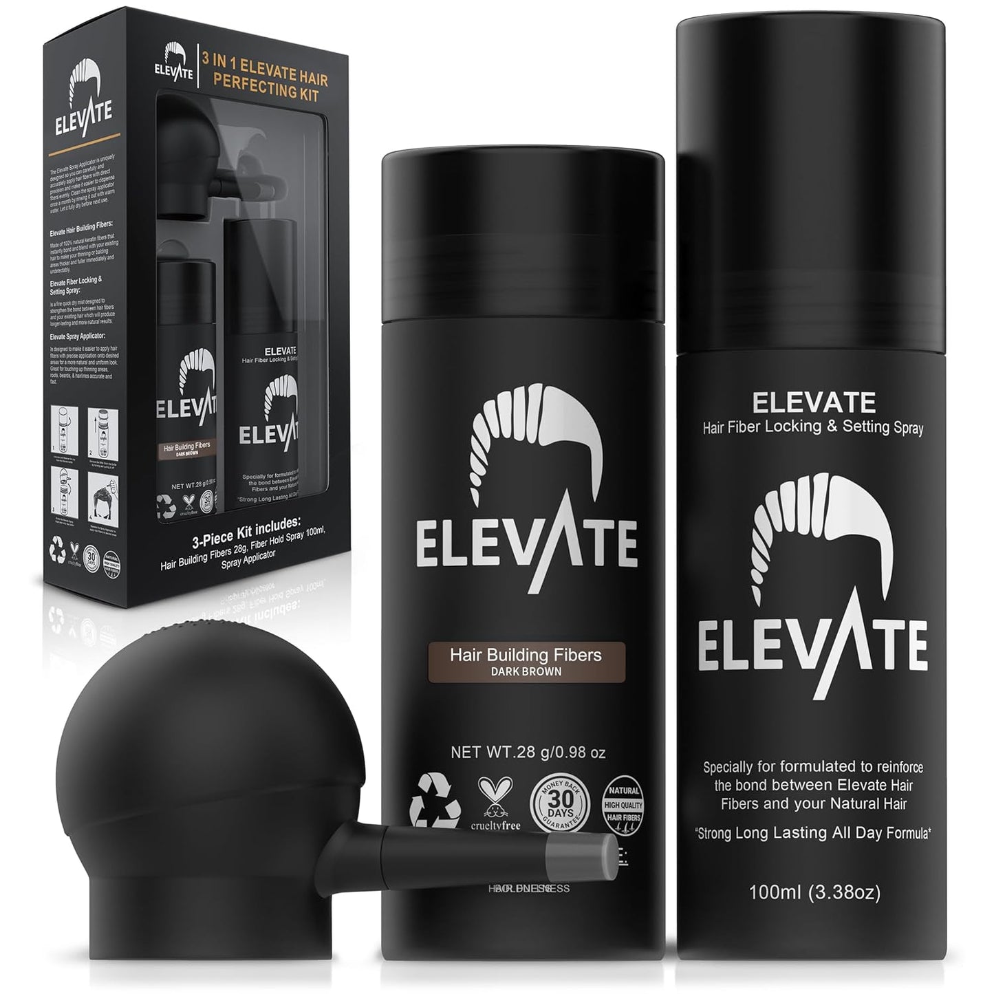 Hair Perfecting 3-In-1 Kit Set Includes Natural Hair Thickening Fibers & Spray Applicator Pump Nozzle & Locking Setting Hold Spray | Instantly Conceal Balding and Thinning Areas (Black)