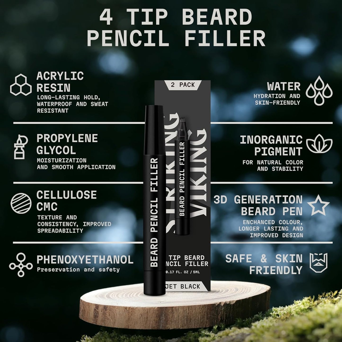 2 Pack Beard Pencil Filler for Men with 4 Tips (Jet Black) - Fill, Shape & Define with This Long-Lasting, Waterproof Beard Pen Kit Including Brush