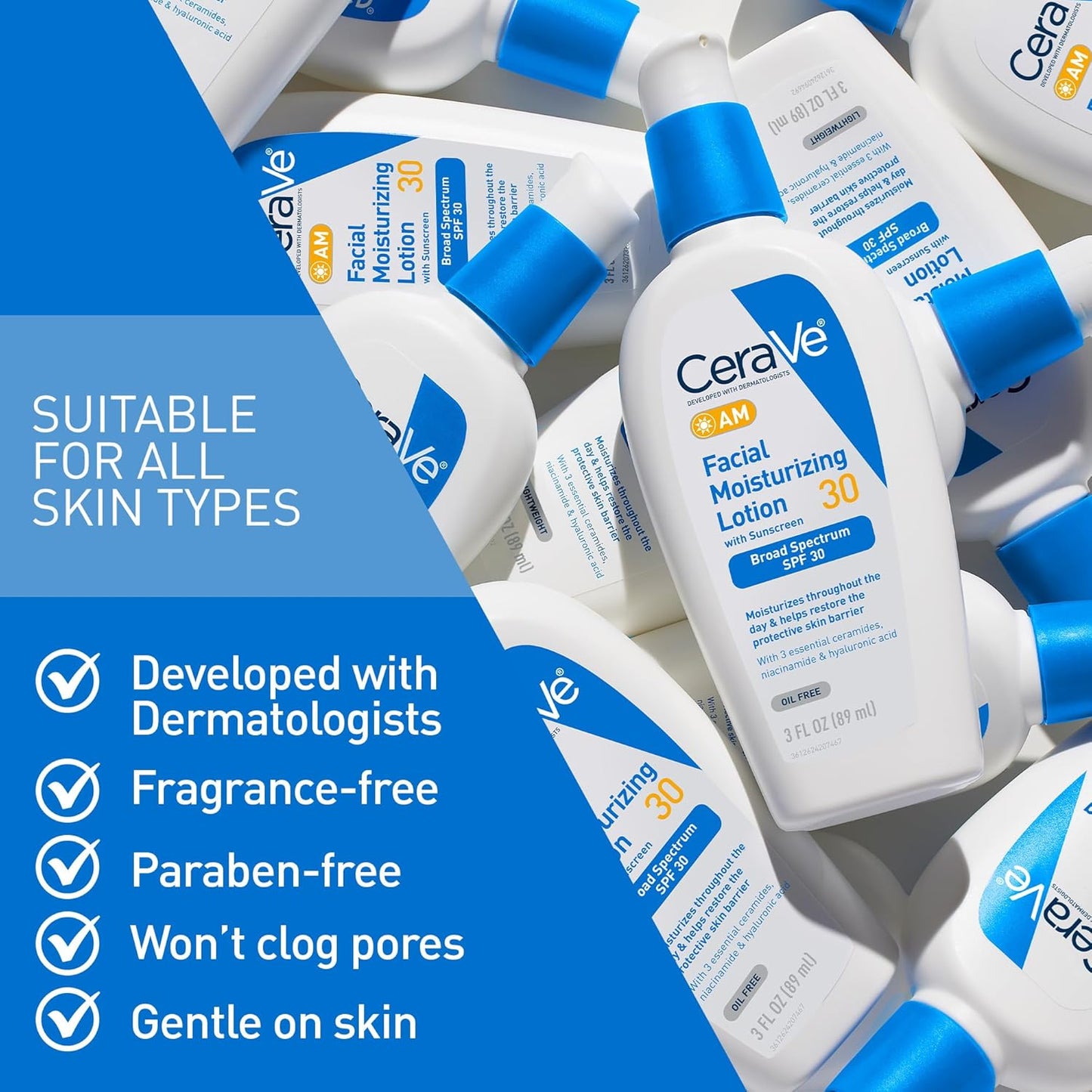 AM Facial Moisturizing Lotion with SPF 30, Oil-Free Face Moisturizer with SPF, Formulated with Hyaluronic Acid, Niacinamide & Ceramides, Non-Comedogenic, Broad Spectrum Sunscreen, 3 Ounce