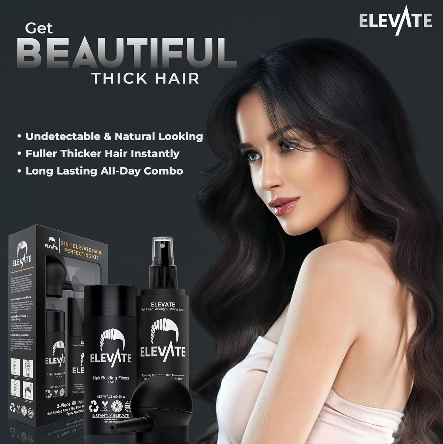 Hair Perfecting 3-In-1 Kit Set Includes Natural Hair Thickening Fibers & Spray Applicator Pump Nozzle & Locking Setting Hold Spray | Instantly Conceal Balding and Thinning Areas (Black)
