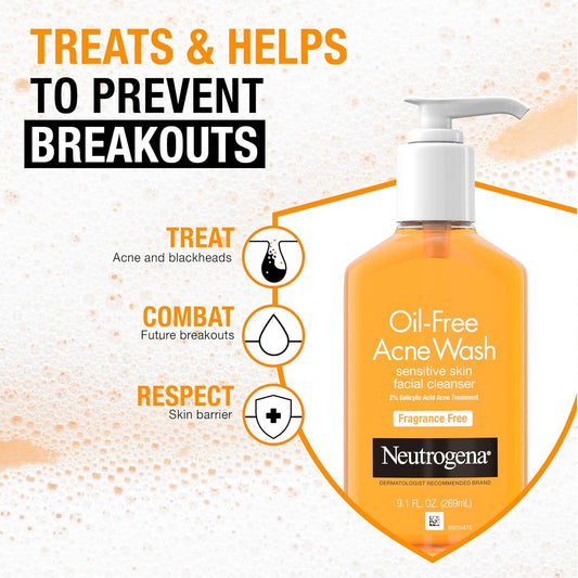 Oil-Free Acne Face Wash, Sensitive Skin Facial Cleanser with 2% Salicylic Acid Acne Treatment, Daily Fragrance Free Face Wash for Acne Prone Skin, 9.1 Fl Oz