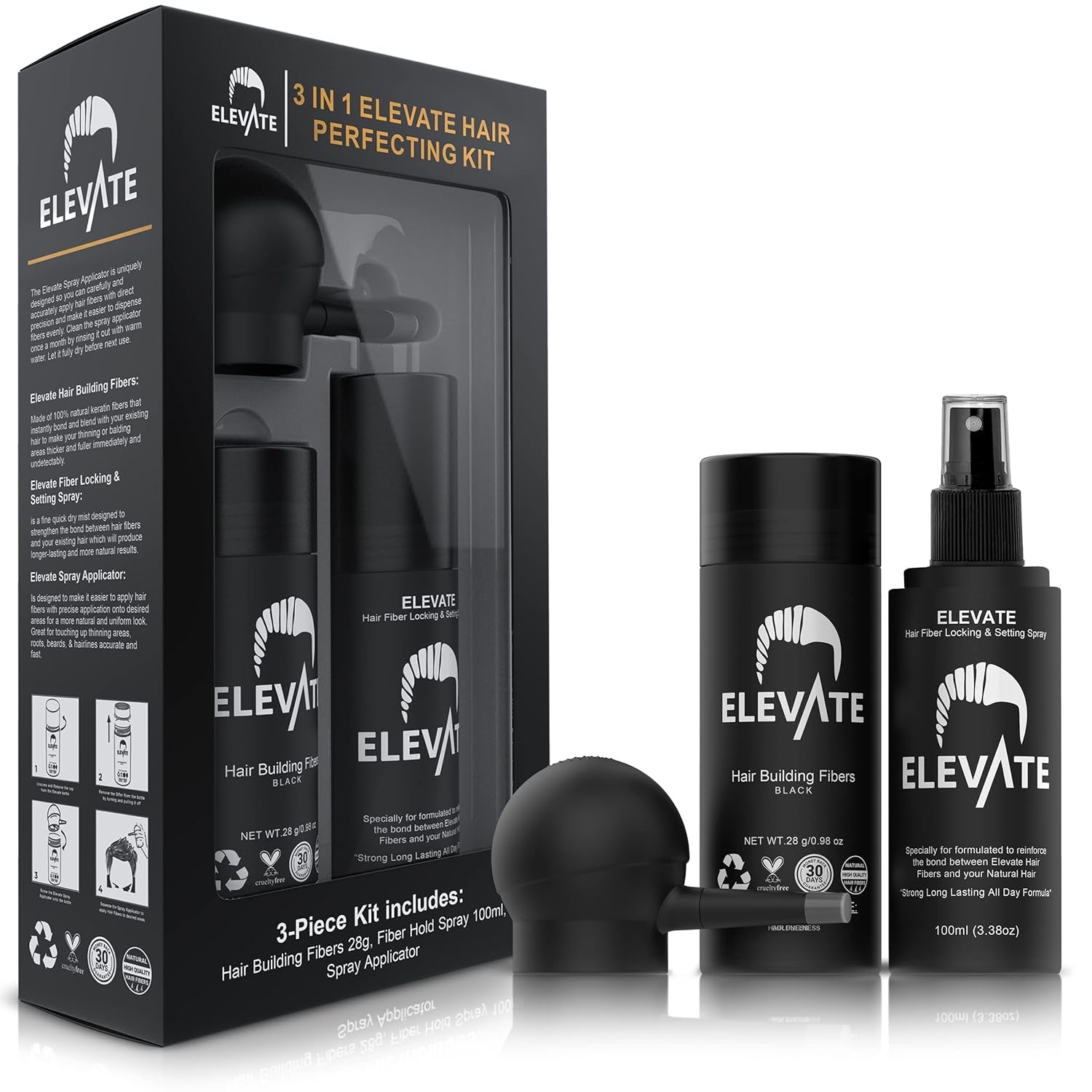 Hair Perfecting 3-In-1 Kit Set Includes Natural Hair Thickening Fibers & Spray Applicator Pump Nozzle & Locking Setting Hold Spray | Instantly Conceal Balding and Thinning Areas (Black)