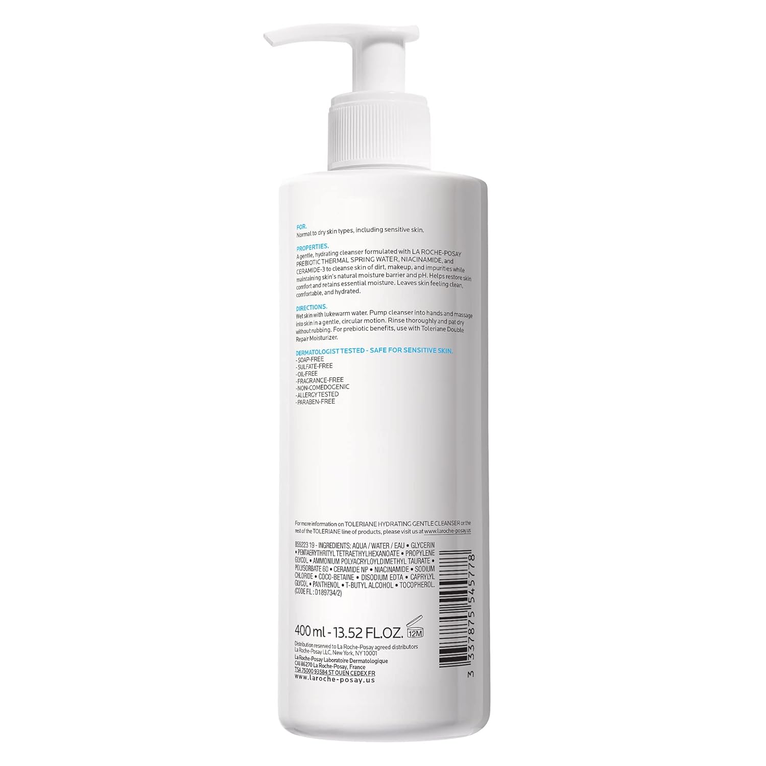 Toleriane Hydrating Gentle Face Cleanser, Hydrating Facial Cleanser with Niacinamide + Ceramides, Daily Face Wash for Dry Skin to Normal Skin, Sensitive Skin Tested, Fragrance Free