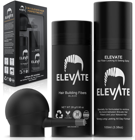 Hair Perfecting 3-In-1 Kit Set Includes Natural Hair Thickening Fibers & Spray Applicator Pump Nozzle & Locking Setting Hold Spray | Instantly Conceal Balding and Thinning Areas (Black)