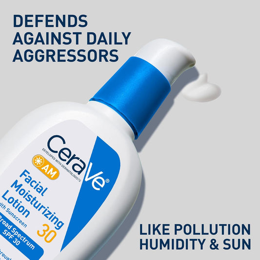 AM Facial Moisturizing Lotion with SPF 30, Oil-Free Face Moisturizer with SPF, Formulated with Hyaluronic Acid, Niacinamide & Ceramides, Non-Comedogenic, Broad Spectrum Sunscreen, 3 Ounce