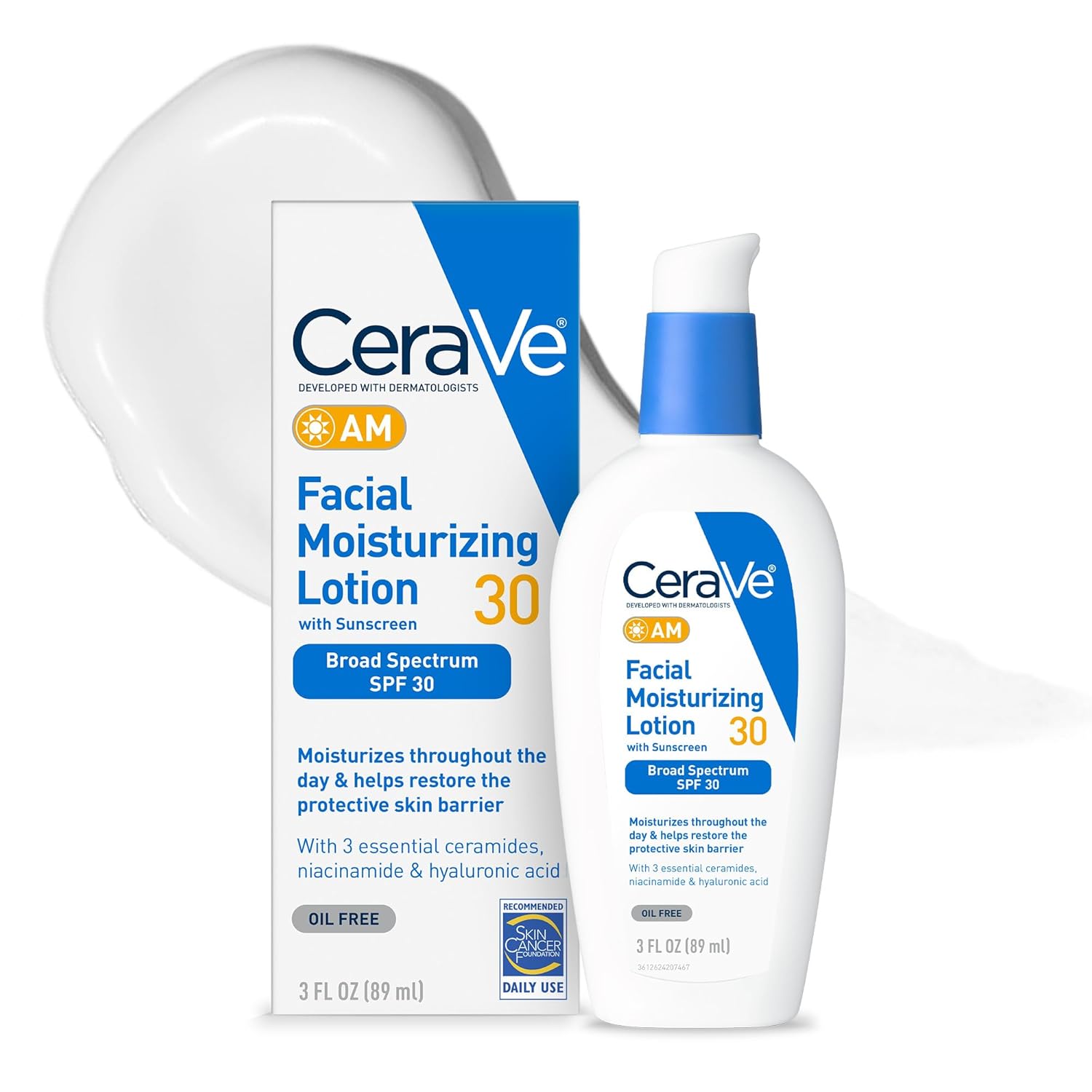 AM Facial Moisturizing Lotion with SPF 30, Oil-Free Face Moisturizer with SPF, Formulated with Hyaluronic Acid, Niacinamide & Ceramides, Non-Comedogenic, Broad Spectrum Sunscreen, 3 Ounce