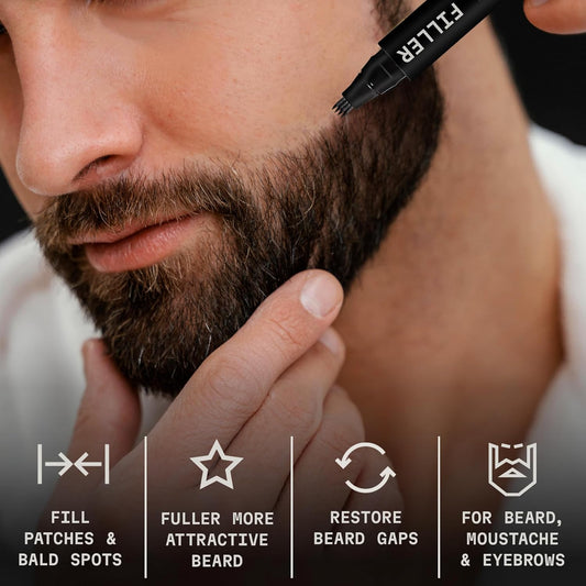 2 Pack Beard Pencil Filler for Men with 4 Tips (Jet Black) - Fill, Shape & Define with This Long-Lasting, Waterproof Beard Pen Kit Including Brush