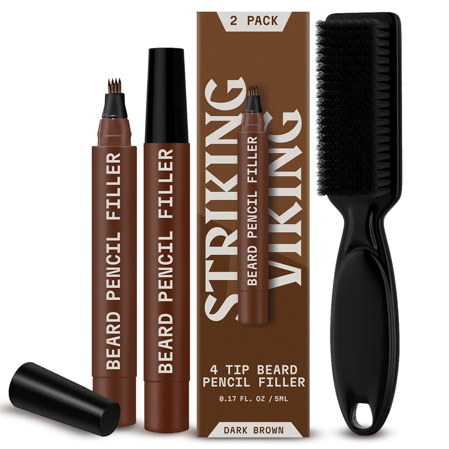 2 Pack Beard Pencil Filler for Men with 4 Tips (Jet Black) - Fill, Shape & Define with This Long-Lasting, Waterproof Beard Pen Kit Including Brush