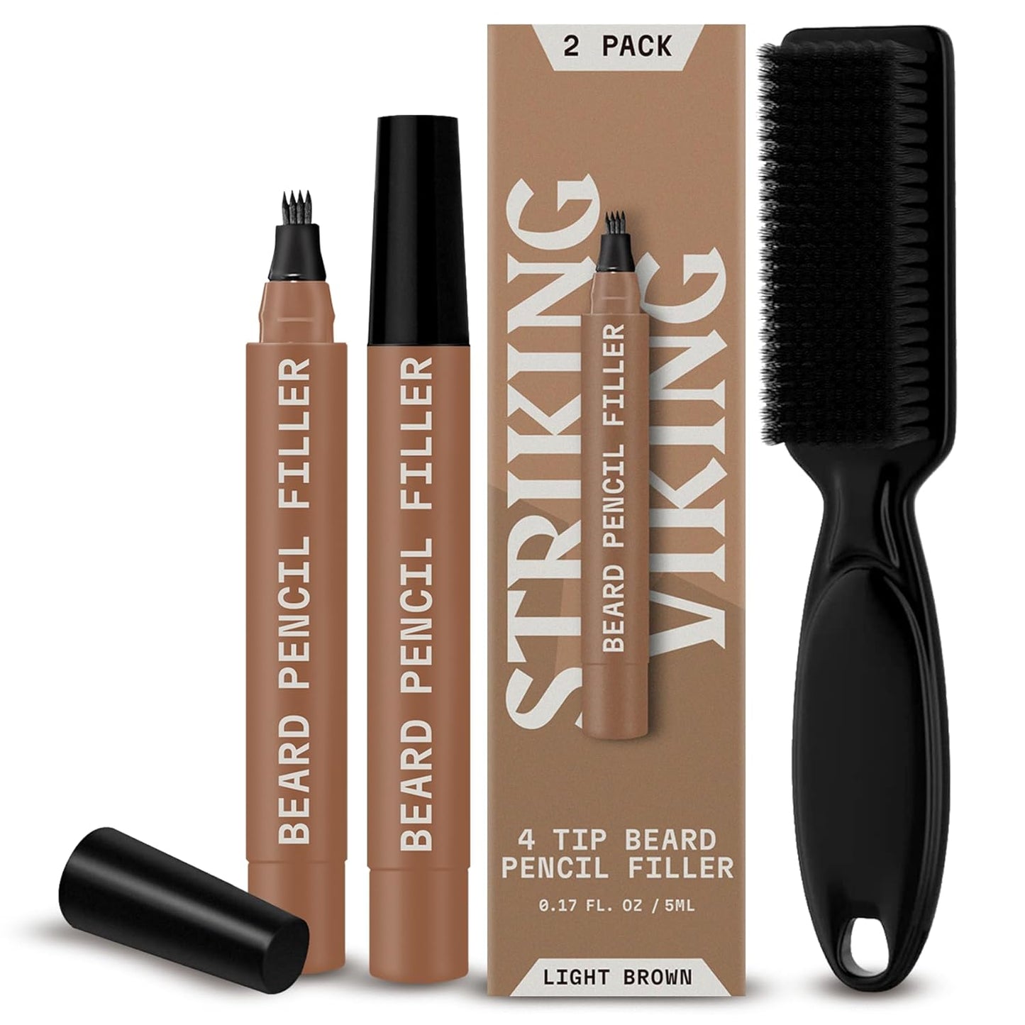 2 Pack Beard Pencil Filler for Men with 4 Tips (Jet Black) - Fill, Shape & Define with This Long-Lasting, Waterproof Beard Pen Kit Including Brush