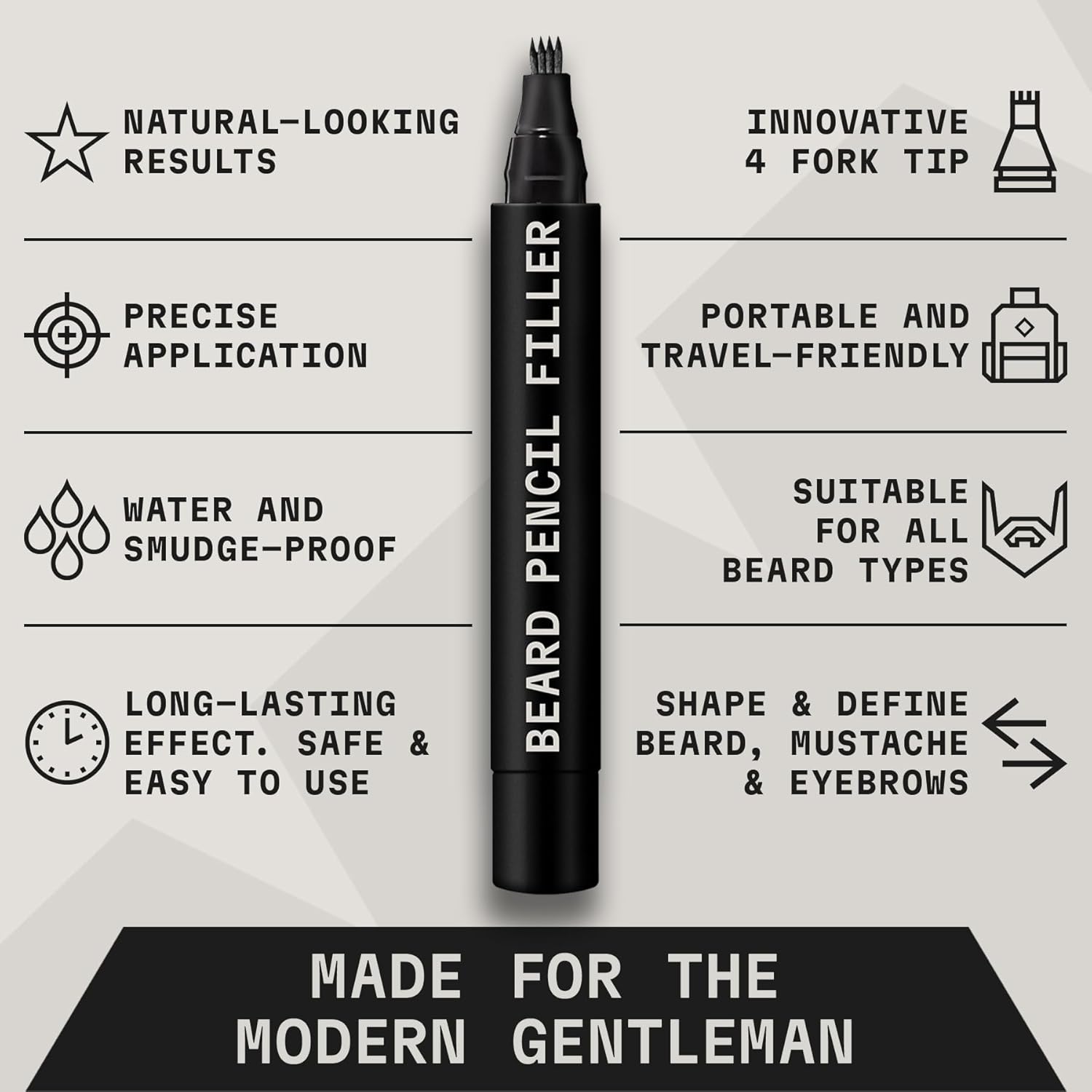 2 Pack Beard Pencil Filler for Men with 4 Tips (Jet Black) - Fill, Shape & Define with This Long-Lasting, Waterproof Beard Pen Kit Including Brush