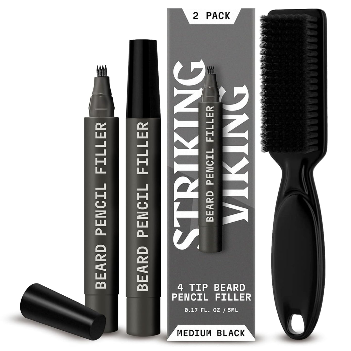 2 Pack Beard Pencil Filler for Men with 4 Tips (Jet Black) - Fill, Shape & Define with This Long-Lasting, Waterproof Beard Pen Kit Including Brush