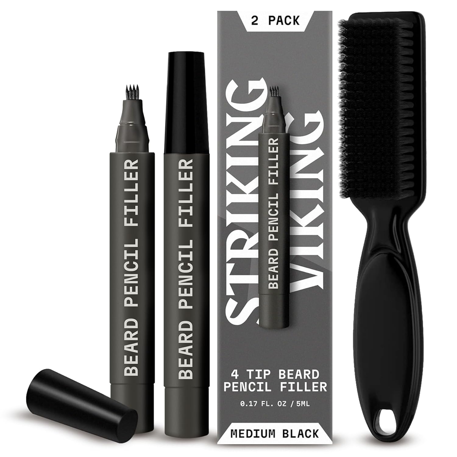 2 Pack Beard Pencil Filler for Men with 4 Tips (Jet Black) - Fill, Shape & Define with This Long-Lasting, Waterproof Beard Pen Kit Including Brush