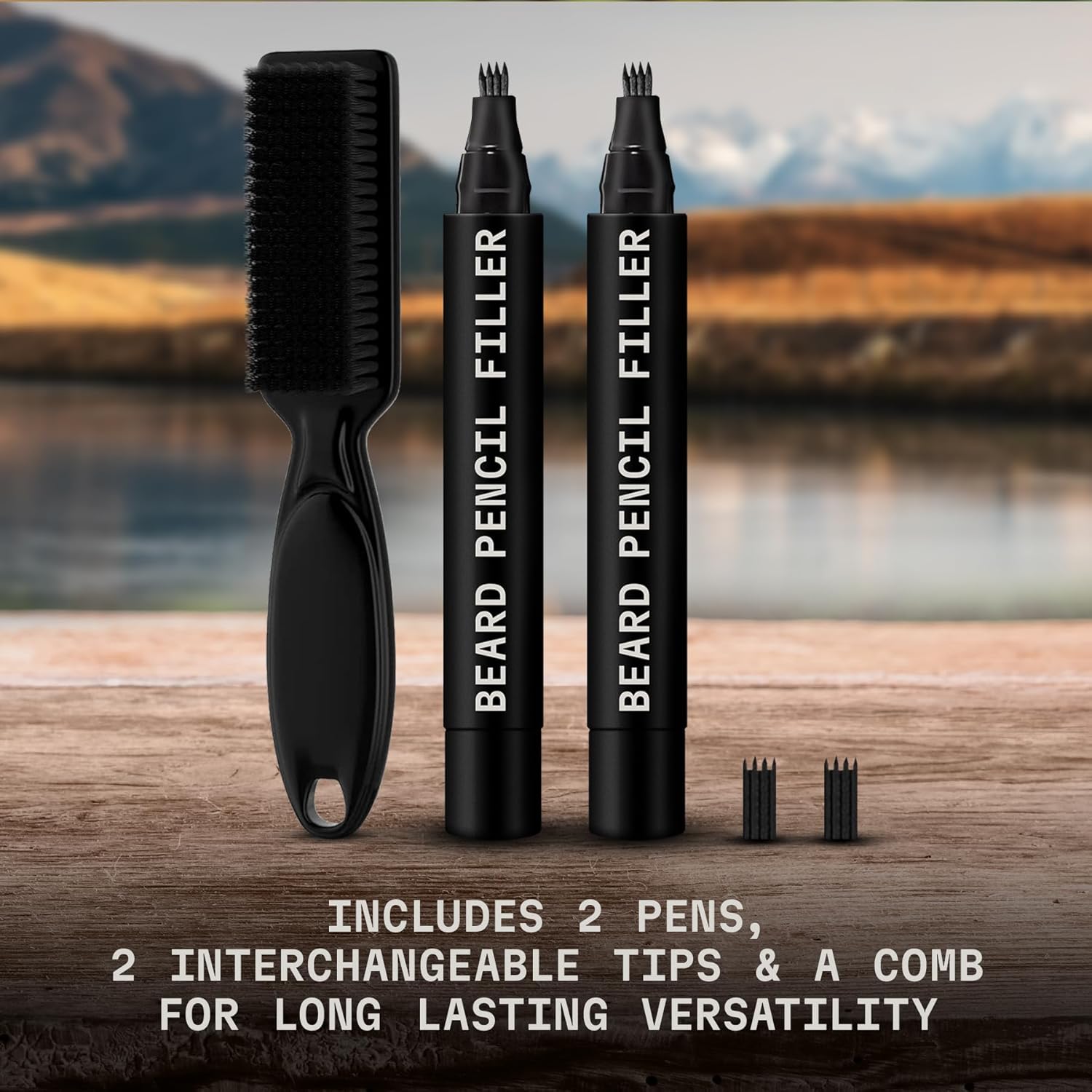 2 Pack Beard Pencil Filler for Men with 4 Tips (Jet Black) - Fill, Shape & Define with This Long-Lasting, Waterproof Beard Pen Kit Including Brush