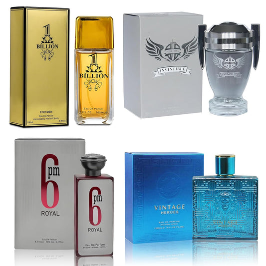 Men Cologne 4-Piece Combo Set (6PM Royal/Invincible/Billion/Vintage Heroes) Each 100ML