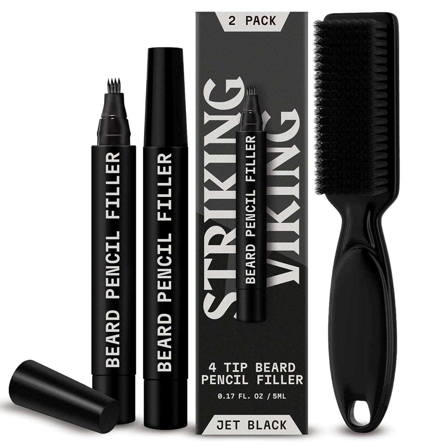 2 Pack Beard Pencil Filler for Men with 4 Tips (Jet Black) - Fill, Shape & Define with This Long-Lasting, Waterproof Beard Pen Kit Including Brush