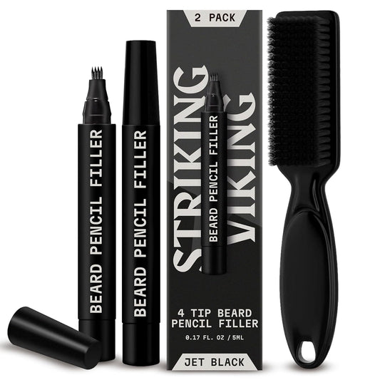 2 Pack Beard Pencil Filler for Men with 4 Tips (Jet Black) - Fill, Shape & Define with This Long-Lasting, Waterproof Beard Pen Kit Including Brush